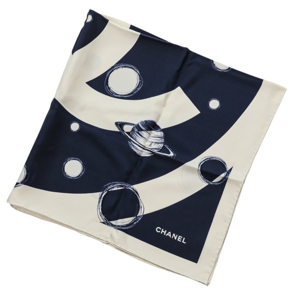 CHANEL 17K Coco Mark Planet Silk Scarf/Muffler, Ivory/Navy, Women's